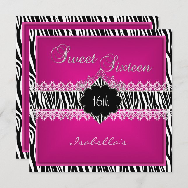 Sweet 16 16th Zebra Lace Sweet Sixteen Pink Invitation (Front/Back)
