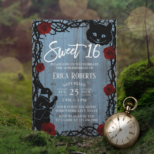 Sweet 16 Alice in Wonderland Dusty Blue Barn Wood Invitation