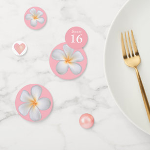 Sweet 16 and Plumeria Flowers on Light Pink Confetti