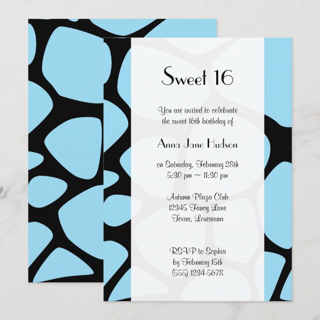 Sweet 16 - Animal Print (Giraffe Pattern) - Blue Invitation (Front/Back)