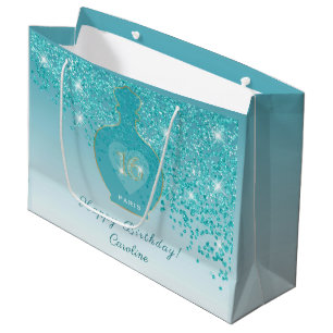 Sweet 16 Azure Fragrance Teal Blue Glitter Large Gift Bag