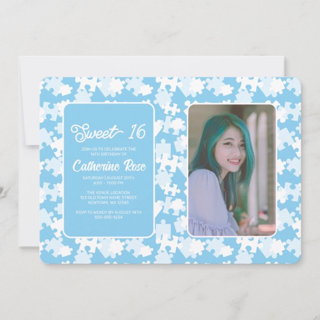 Sweet 16 Baby Blue And White Puzzle Photo  Invitation (Front)