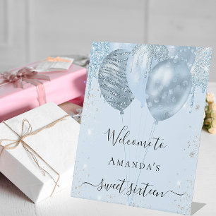 Sweet 16 baby blue balloons party welcome pedestal sign