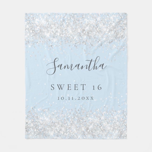 Sweet 16 baby blue silver glitter dust name fleece blanket (Front)