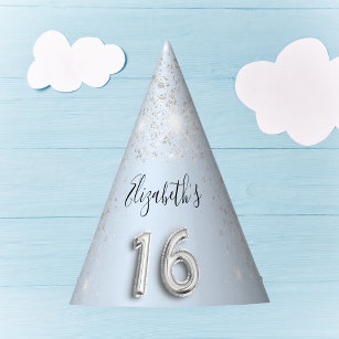 Sweet 16 baby blue silver glitter name party hat