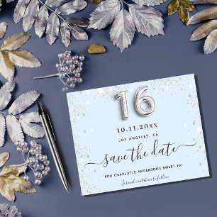 Sweet 16 baby blue silver glitter save the date