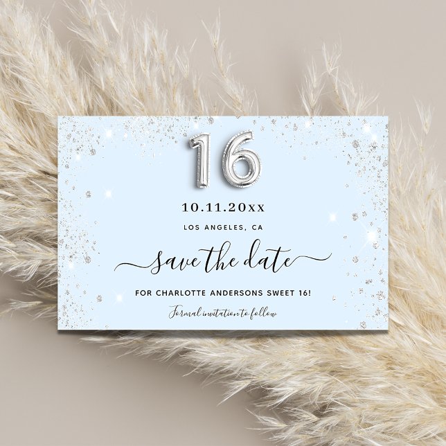 Sweet 16 baby blue silver glitter save the date (Creator Uploaded)