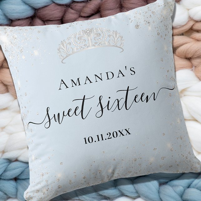 Sweet 16 baby blue silver glitter tiara name cushion (Creator Uploaded)