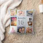 Sweet 16 baby blue silver photo collage cushion<br><div class="desc">A unique gift for a girl's Sweet 16, 16th birthday, celebrating her life with a collage of 8 of your own photos, pictures. Personalise and add her name and a date. A trendy baby blue background. The name is written with a modern hand lettered style script, number 16 with a...</div>