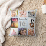 Sweet 16 baby blue silver photo collage cushion<br><div class="desc">A unique gift for a girl's Sweet 16, 16th birthday, celebrating her life with a collage of 8 of your own photos, pictures. Personalise and add her name and a date. A trendy baby blue background. The name is written with a modern hand lettered style script, number 16 with a...</div>