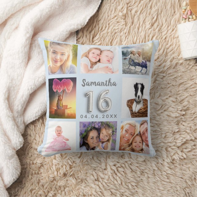 Sweet 16 baby blue silver photo collage cushion (Blanket)