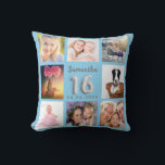 Sweet 16 baby blue silver photo collage cushion<br><div class="desc">A unique gift for a girl's Sweet 16, 16th birthday, celebrating her life with a collage of 8 of your own photos, pictures. Personalise and add her name and a date. A trendy baby blue background. The name is written with a modern hand lettered style script, number 16 with a...</div>
