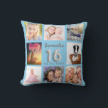 Sweet 16 baby blue silver photo collage cushion<br><div class="desc">A unique gift for a girl's Sweet 16, 16th birthday, celebrating her life with a collage of 8 of your own photos, pictures. Personalise and add her name and a date. A trendy baby blue background. The name is written with a modern hand lettered style script, number 16 with a...</div>