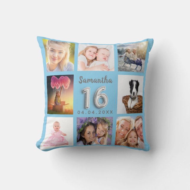 Sweet 16 baby blue silver photo collage cushion (Front)