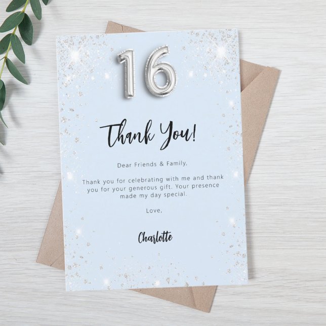 Sweet 16 baby blue silver thank you card (Creator Uploaded)