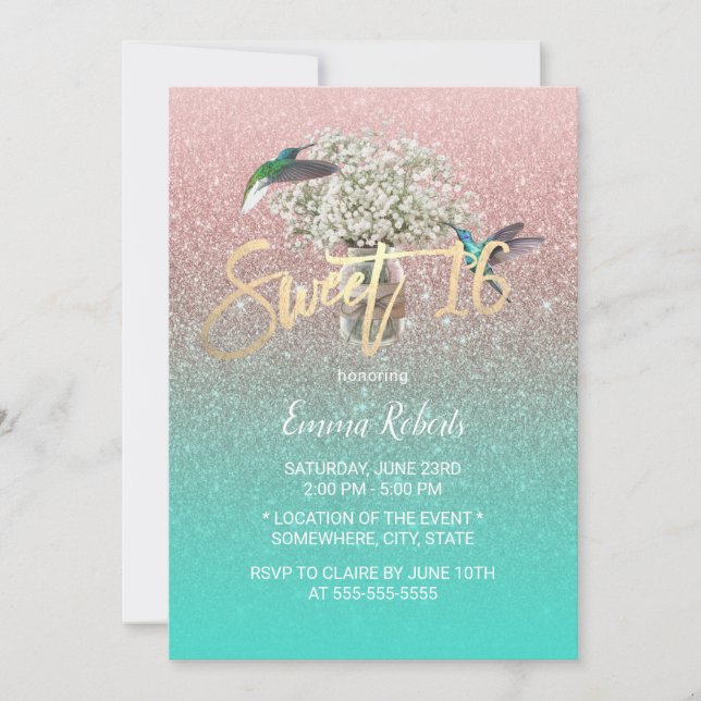 Sweet 16 Baby's Breath Hummingbird Rose Gold Teal Invitation (Front)