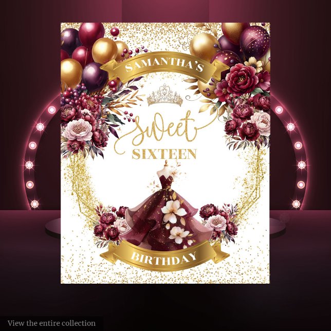 Sweet 16 Backdrop Burgundy Balloons Gold Glitter Tapestry (Sweet 16 Backdrop Burgundy Balloons Gold Glitter)