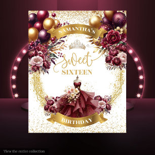 Sweet 16 Backdrop Burgundy Dress Gold Balloons Spa Tapestry