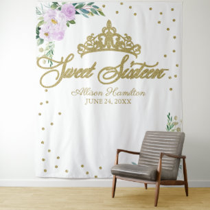 Sweet 16 Backdrop Gold Tiara Lavender Floral  Tapestry