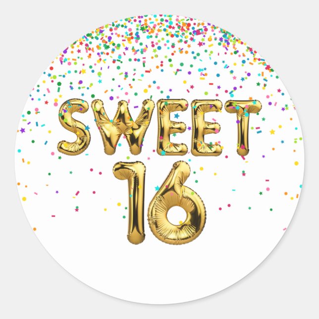Sweet 16 Balloons and Confetti Classic Round Sticker (Front)