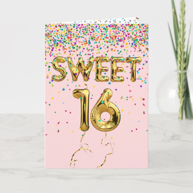 Sweet 16 Balloons and Confetti on Blush Card (Front)