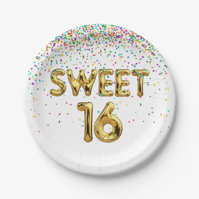 Sweet 16 Balloons and Confetti  Paper Plate (Front)