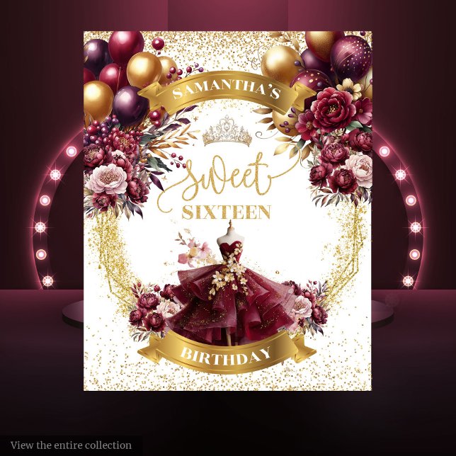Sweet 16 Banner Burgundy Dress Glitter Gold  Tapestry (Sweet 16 Banner Burgundy Dress Glitter Gold Tapestry)