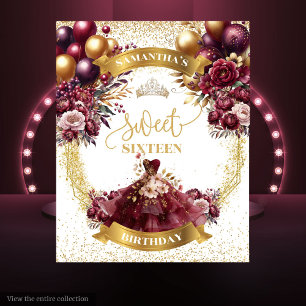 Sweet 16 Banner Burgundy Flowers Gold Glitter Tapestry