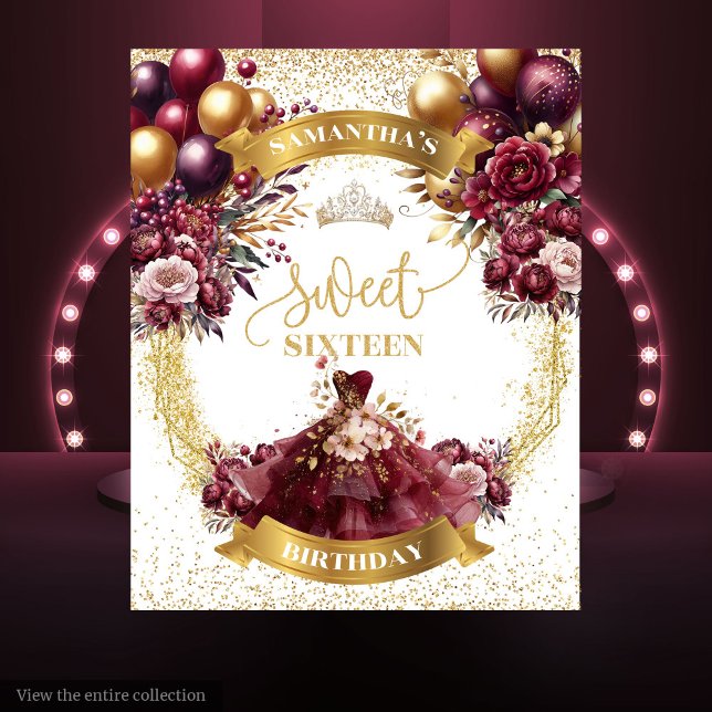 Sweet 16 Banner Burgundy Flowers Gold Glitter Tapestry (Sweet 16 Banner Burgundy Flowers Gold Glitter Tapestry)