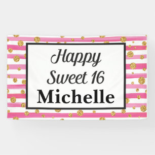 Sweet 16 Banner - Pink Stripes and Gold Glitter