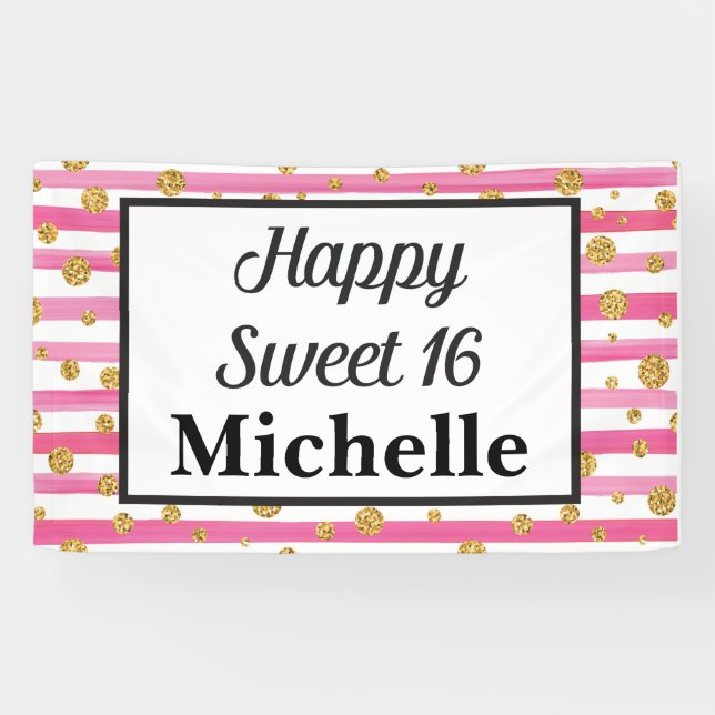 Sweet 16 Banner - Pink Stripes and Gold Glitter (Horizontal)