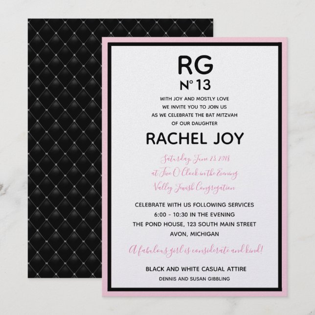 Sweet 16 Bat Mitzvah Birthday Couture Theme Party Invitation (Front/Back)