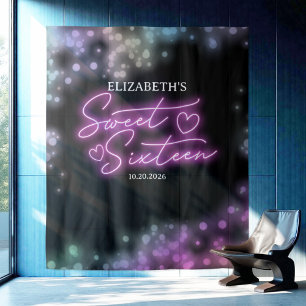Sweet 16 Bday Colourful Neon Glow Backdrop Tapestry