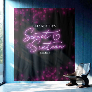 Sweet 16 Bday Hot Pink Neon Glow Backdrop Tapestry