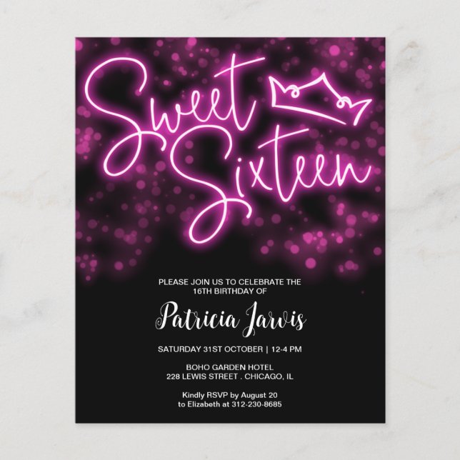 Sweet 16 Bday Hot Pink Neon Glow Budget Invitation (Front)