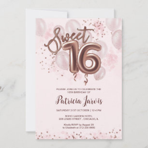 Sweet 16 Bday Invitations Rose Gold Balloons Pink