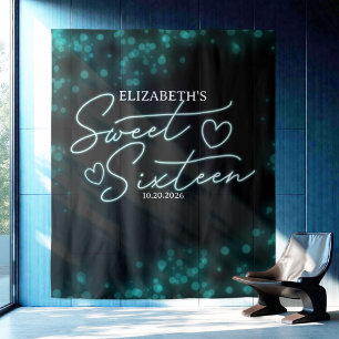 Sweet 16 Bday Teal Neon Glow Backdrop Tapestry