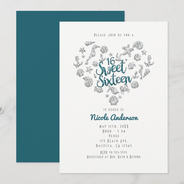 SWEET 16 Beach Glam Diamond Heart Invitations (Front/Back)