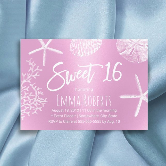 Sweet 16 Beach Starfish Coral Seashell Modern Pink Invitation (Creator Uploaded)