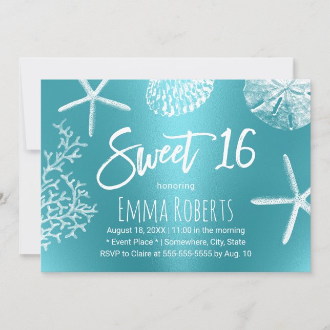Sweet 16 Beach Starfish Coral Seashells Turquoise Invitation (Front)