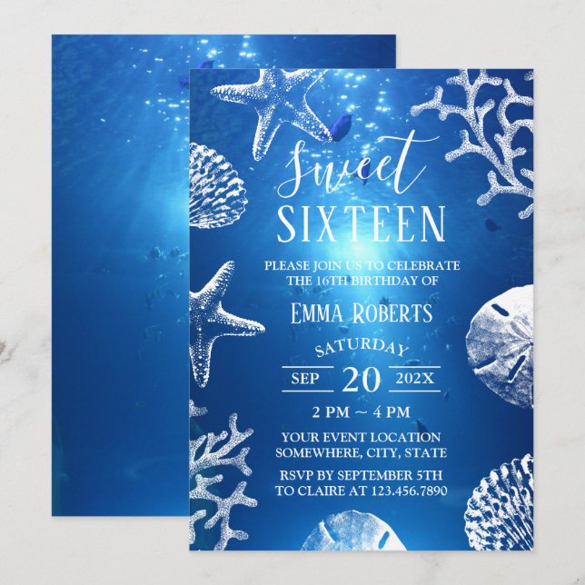 Sweet 16 Beach Starfish Seashells Underwater Invitation (Front/Back)