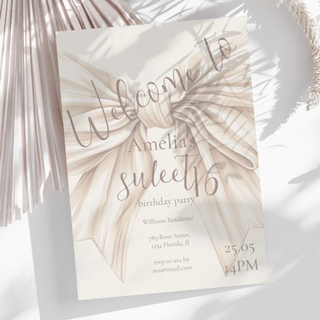 Sweet 16 Beige Bow Watercolor  Invitation (Creator Uploaded)