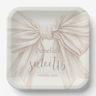 Sweet 16 Beige Bow Watercolor  Paper Plate