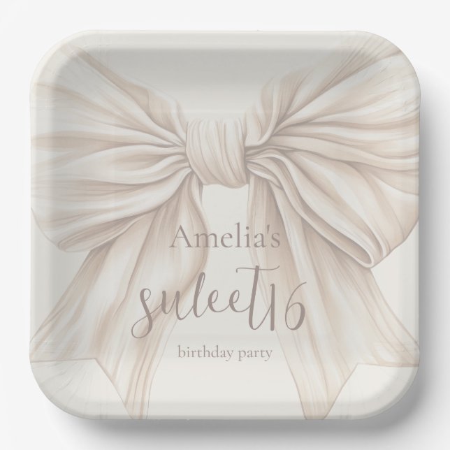 Sweet 16 Beige Bow Watercolor  Paper Plate (Front)