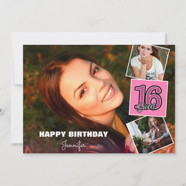 Sweet 16 Birthday 3Photo Collage Card (Front)