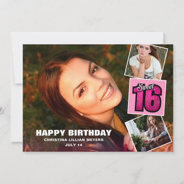 Sweet 16 Birthday 4 Photo Collage Card (Front)