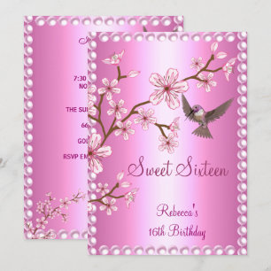 Sweet 16 Birthday Asian Pink Pearl Flowers Bird Invitation