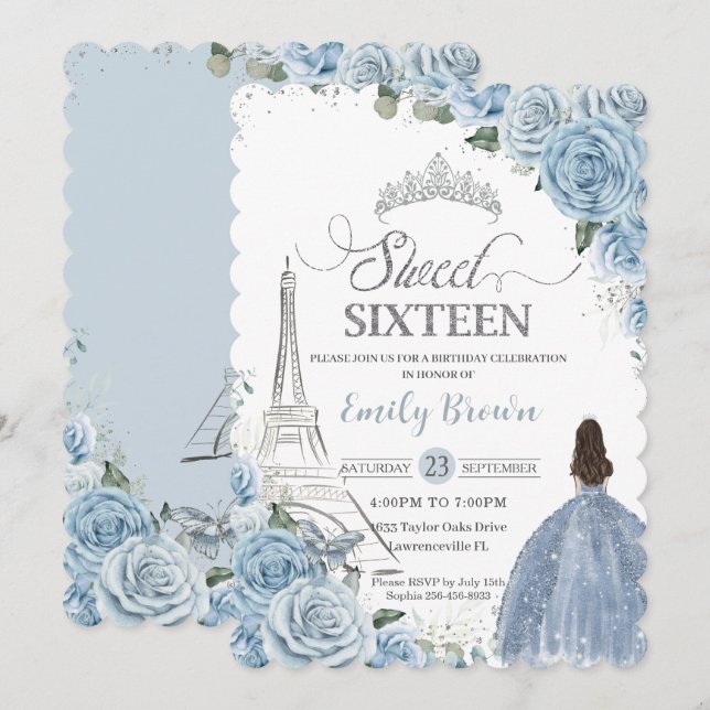 Sweet 16 Birthday Baby Blue Floral Paris Silver Invitation (Front/Back)