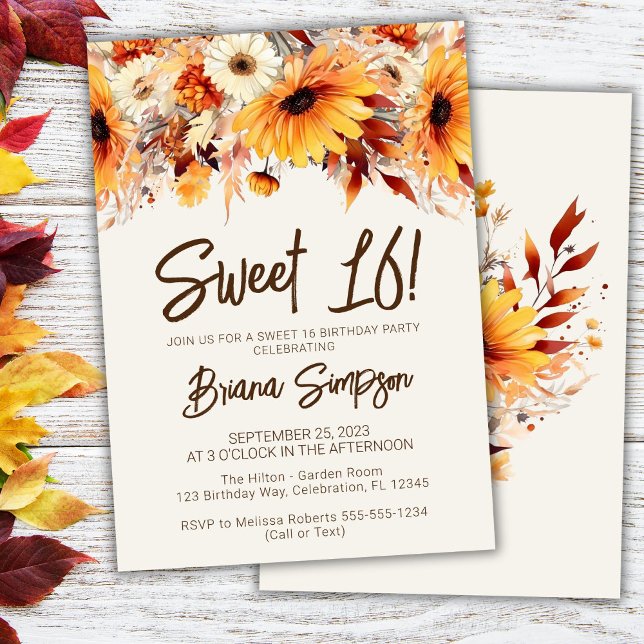 Sweet 16 Birthday Beige Fall Floral Invitation (Creator Uploaded)