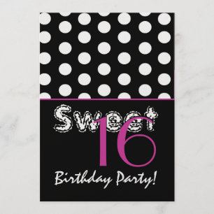 Sweet 16 Birthday Black and White Polka Dots Invitation